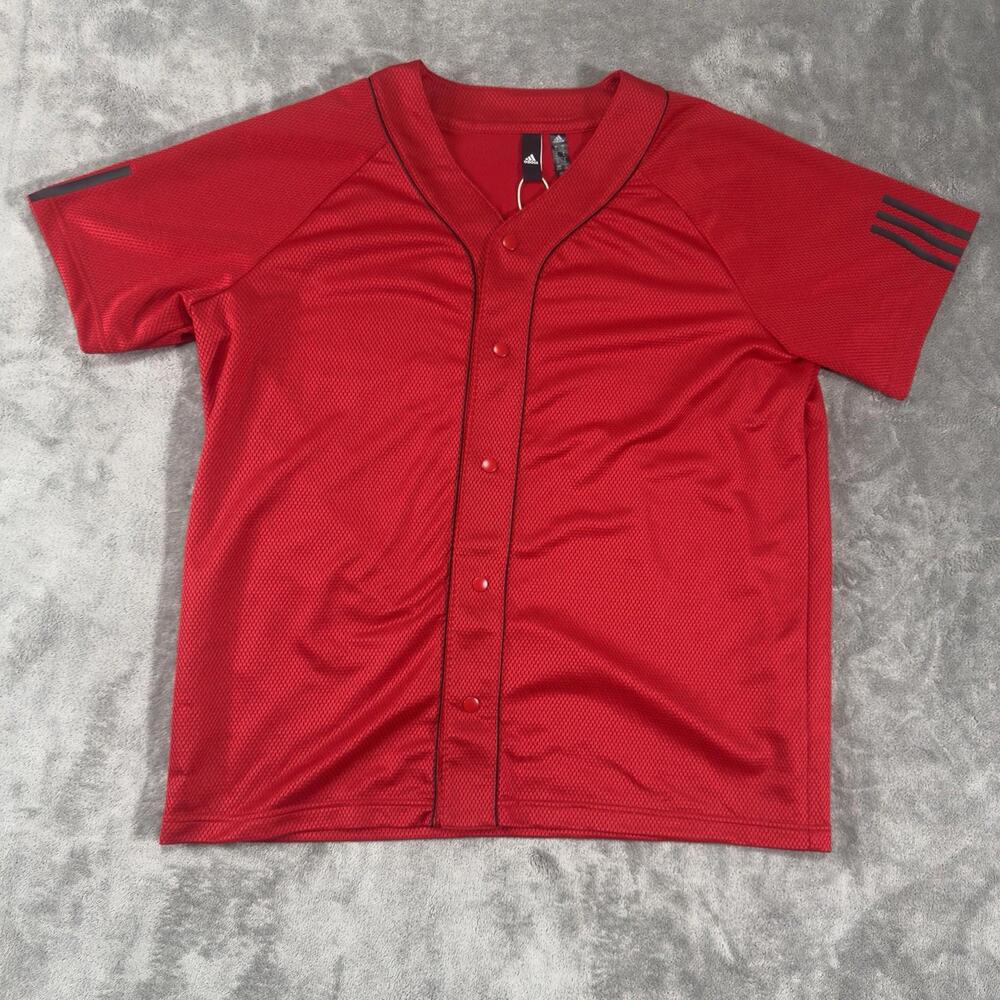 Adidas Baseball Jersey Shirt Mens Medium Red Three Stripe Life Snap Button Japan